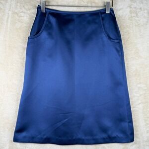Jenni Max Navy Blue Satin A Line Midi Skirt Size 4/6 Pockets Chic Elegant Dressy